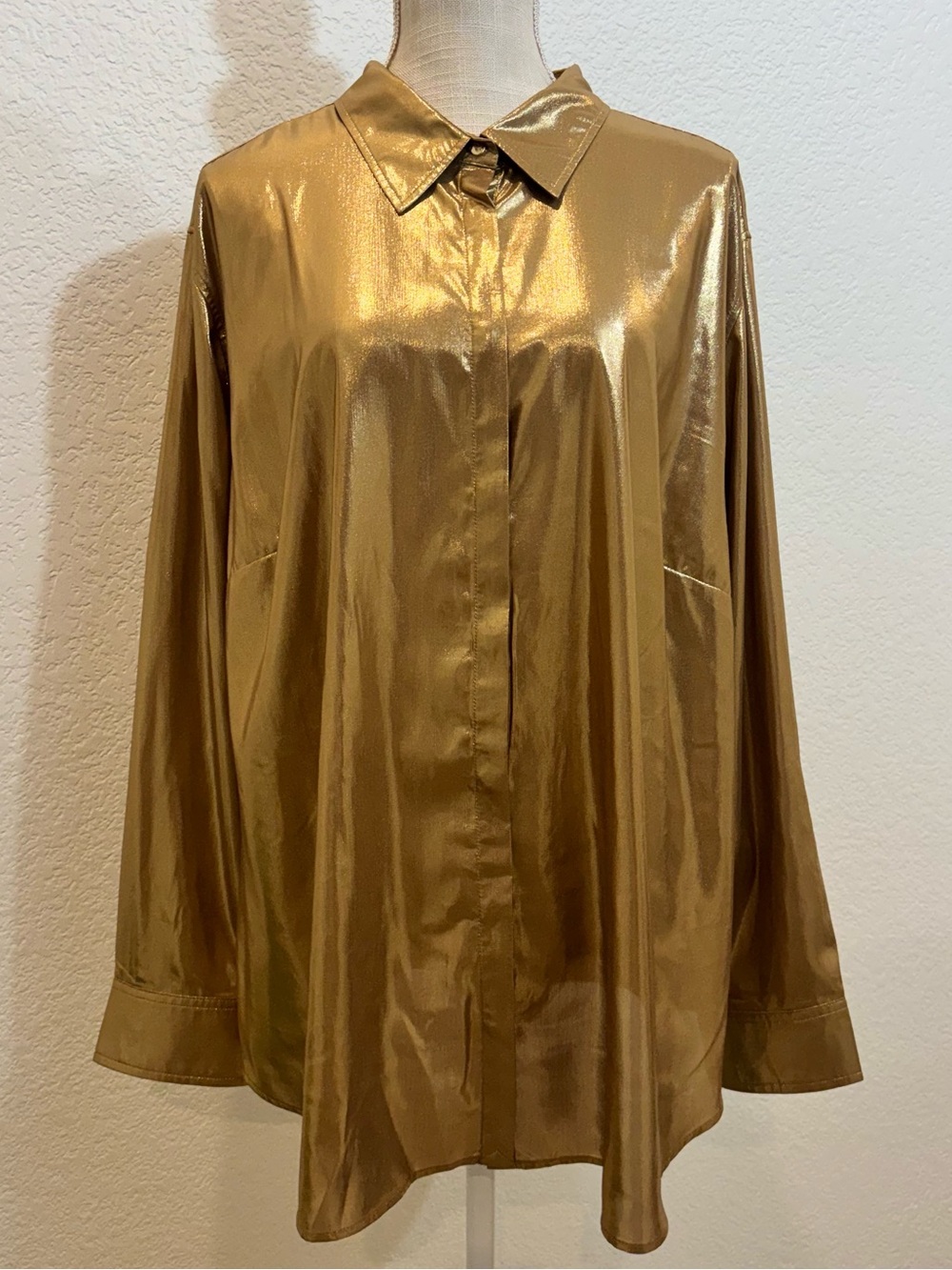 RALPH LAUREN WOMAN Metallic Chifon Point Collar Long Sleeve Gold Blouse. Size 3X - Picture 1 of 9